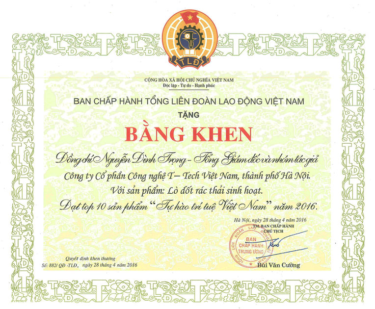 Bằng khen top 10 sản phẩm trị tuệ Việt Nam 2016