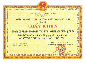 Giấy khen thành tích xuất sắc vào sự phát triển Khu CN&CX Hà Nội 2008-2015